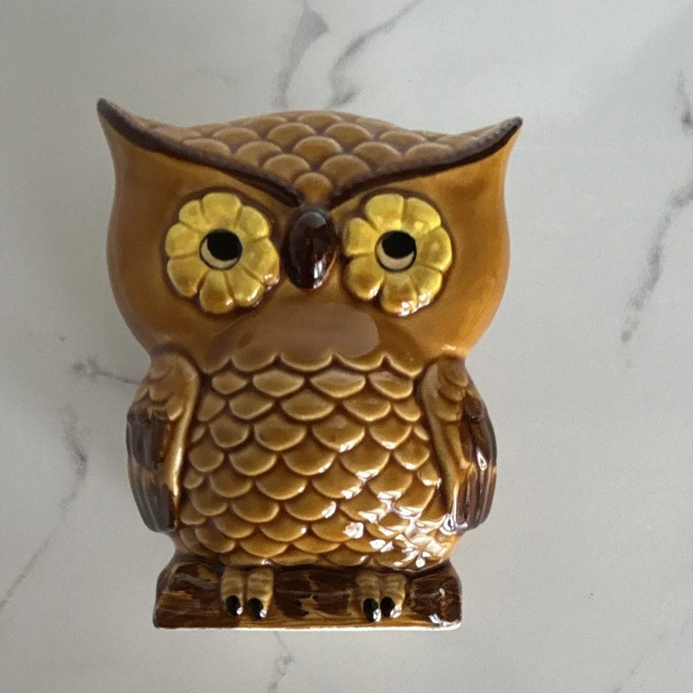 Vintage Glazed Ceramic Owl Napkin Letter Sponge Holder 3D Japan Retro